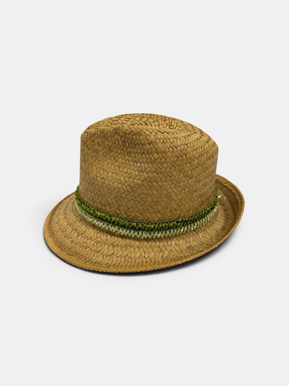 Vintage Woven Straw Fedora Hat Green Band Yellow Loop Detail